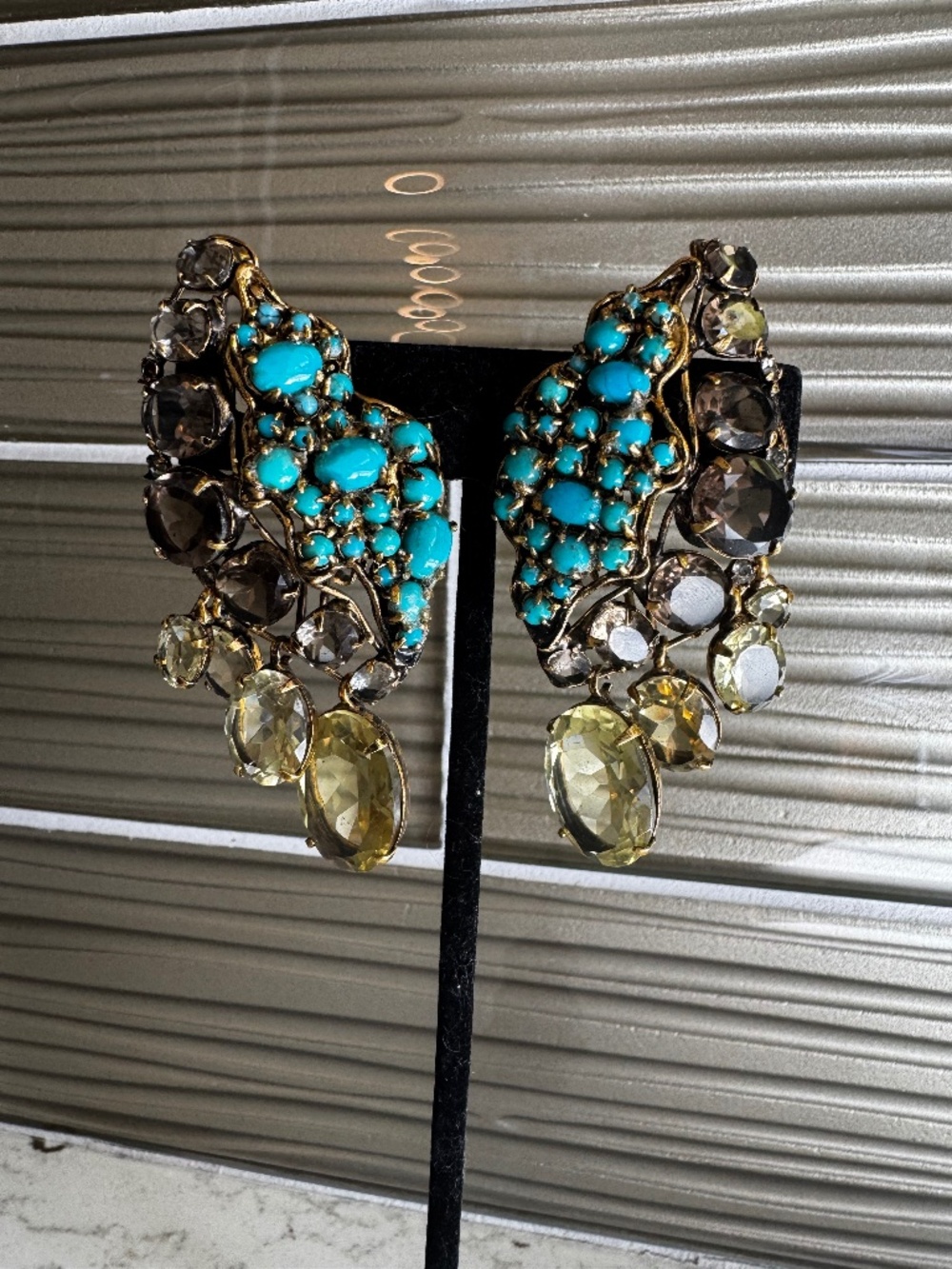IRADJ MOINI Vintage Turquoise & Crystal Clip-On Statement Earrings